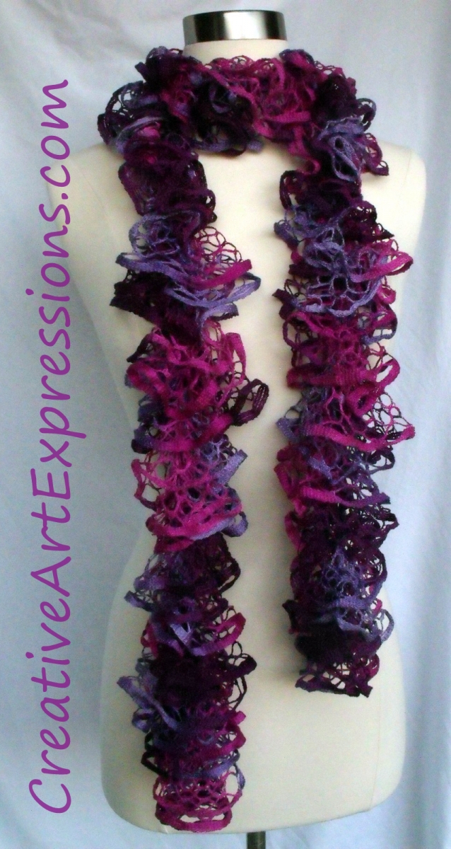 Creative Art Expressions Hand Knit Pink & Purple Ruffle Scarf